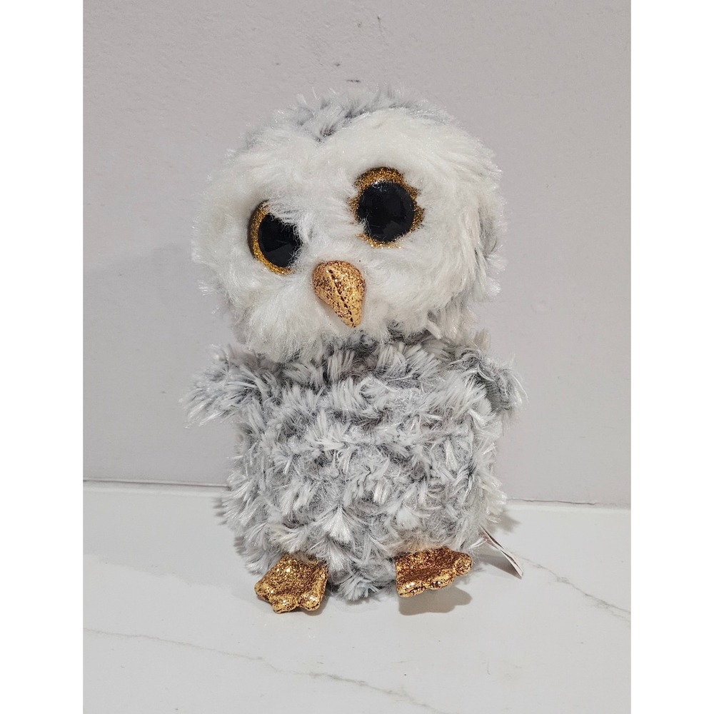 Ty Beanie Boos Owlette White Owl Plush Grey Gold Glitter Eyes 6 inch Bird Toy